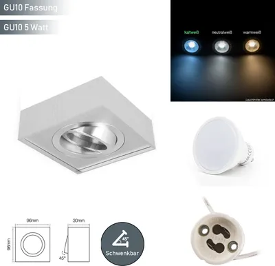 Image de LED line Plafonnier CUBO MIDI Encastré Orientable 45° Angulaire Argenté en aluminium avec douille GU10 Ampoule 5W Blanc froid