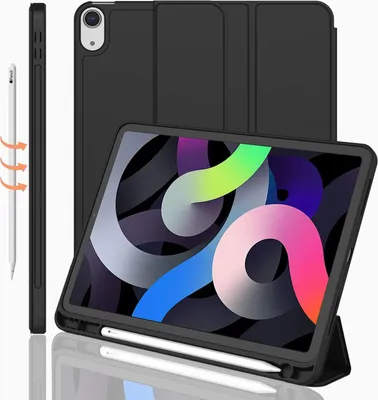 Produktbild von Schlanke Hülle für iPad Air 4. Generation Hülle 2020, iPad 10,9 Zoll Hülle 2020 mit Stifthalter [Support Touch ID und iPad 2. Bleistift aufladen / paaren], Trifold Stand Smart Hülle mit weichem TPU-Rücken (schwarz)