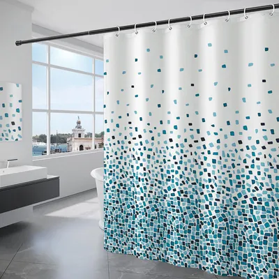 Produktbild von Waschbarer Duschvorhang aus Polyestergewebe mit 12 Duschvorhangringen, wasserdicht für Dusche und Badewanne, 180 x 200 cm, blau