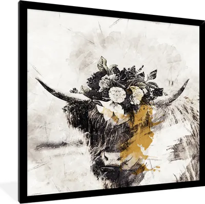 Produktbild von MuchoWow® MuchoWow® Gerahmtes Poster Schottisches Hochlandrind - Blumen 40x40 cm - Poster mit zchwarzem Bilderrahmen - Mit Rahmen - Wanddekoration Schlafzimmer