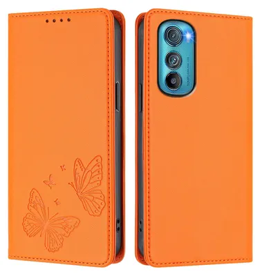 Produktbild von Lederhülle für Motorola Edge 30, Schmetterling Prägung Leder Brieftasche Schutzhülle mit Ständer Orange