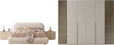 Produktbild von Modernes Schlafzimmer Set Alaska Creme Beige mit Bett 200x230 cm, Kleiderschrank, LED, Rauchglas & Spiegelkommode
