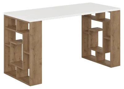 Image de Bureau d'étude en panneau mélaminé blanc et chêne foncé 140 x 75 x 60 cm