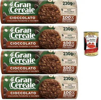 Produktbild von GranCereale Cioccolato 4 x 230g | Vollkornkekse mit Zartbitterschokolade & Haselnüssen – 100% italienischer Weizen – recycelbare Packung 920g + Italian Gourmet polpa
