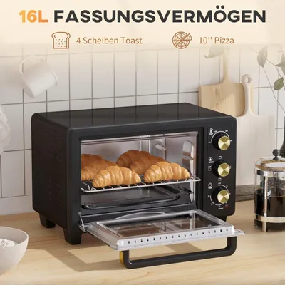Produktbild von Minibackofen 16 L 1400W Mini Backofen 100-230? 60 Min. Timer, mit Grillrost und Backblech, Pizzaofen mit Tablettgriff, Krümelblech Schwarz Aosom