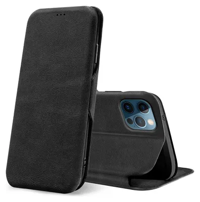 A black flip case for an iPhone is shown against a white background. The case is partially open, revealing the phone's camera.