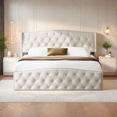Zdjęcie produktu dla UnboxG łóżko tapicerowane 160x200cm ze stelażem z listew, łóżko na sprężynach hydraulicznych z podstawą łóżka i wezgłowiem, łóżko do przechowywania funkcjonalne łóżko podwójne aksamitna biel