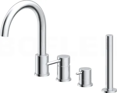 Produktbild von BOFLER Design 4-Loch Wannenrandarmatur "B6", für Badewanne, Auslauf schwenkbar und verstellbar, Umsteller, Handbrause, Flexschläuche, verchromt