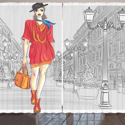 Image de ARANDE Rideau tendance, image urbaine sur le thème de la mode avec une fille vêtue de couleurs vives et une vue historique de la rue, 280 x 225 cm, multicolore