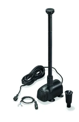 A black water pump with a telescopic extension tube and a sprinkler attachment, shown on a white background.