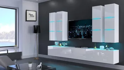 Produktbild von Furnitech Wohnwand Wohnzimmer - Wohnzimmer Möbel mit LED Blau - Hängend Wohnwand Modern - Regale und TV Schrank (Future Malaga AN40-18HG-W2 1A - ohne Füße)