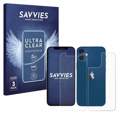 A product shot of screen protectors for an iPhone 12 mini, including the packaging and the phone itself.