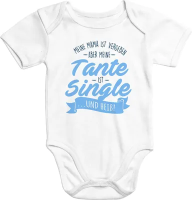 Produktbild von Kurzarm Baby Body Meine Mama ist vergeben aber meine Tante ist single und heiß Spruch lustig Moonworks® weiß-blau 12-18 Monate