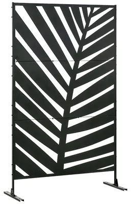 Productafbeelding van Privacyscherm voor buiten, frame van geverfd staal, ontwerp: silhouet van een palmblad, 1,2 x 2 m, zwart