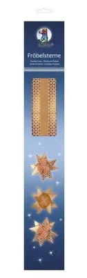 A dark blue background with decorative stars and a strip of patterned paper.