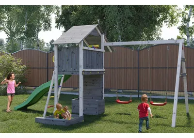 Produktbild von Spielturm Smart 4 grau-weiß inkl. Rutsche grün
