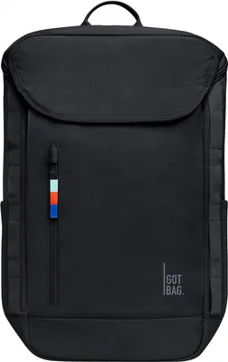A black backpack is shown from the front against a white background.