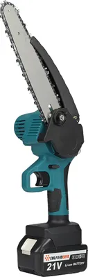 A teal and black cordless chainsaw with a silver chain and bar, shown against a white background.