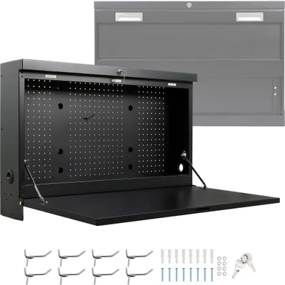 Zdjęcie produktu dla Stół warsztatowy Wiltec do montażu na ścianie do 50 kg, składany stół narzędziowy 91,2 x 69 x 61 cm z perforowaną płytą jako tylną ścianą, zamykany stół warsztatowy z 2 kluczami