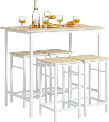 A bar table set with four stools on a white background.