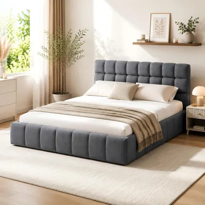 Obrázok produktu pre Postel BPKADHY Bubble Bett, 140x200 cm, sivá, čalúnená posteľ s roštom, čelo, tkanina ľanu, dvojlôžko, posteľ pre mládež, nízka posteľ, hosťovská posteľ, bez matraca
