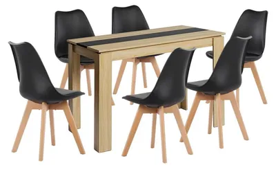 Image de Ensemble de salle à manger comprenant une table rectangulaire en chêne et noir, avec 6 chaises. Dimensions de la table : 110 cm