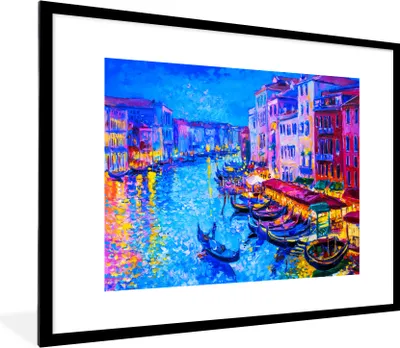 Produktbild von MuchoWow® Gerahmtes Poster Malerei - Italien - Boot - Wasser - Architektur 80x60 cm - Poster mit Schwarzem Bilderrahmen Wandposter Rahmen Foto Bilder - Schlafzimmer-Dekorationen - Fotoposter