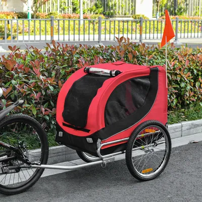 Produktbild von Fahrradanhänger Hund mit Luftreifen & Universalkupplung, Hundeanhänger, 600D Oxford, Stahlrahmen, Rot/Schwarz | 130 x 73 x 90 cm | 14 kg