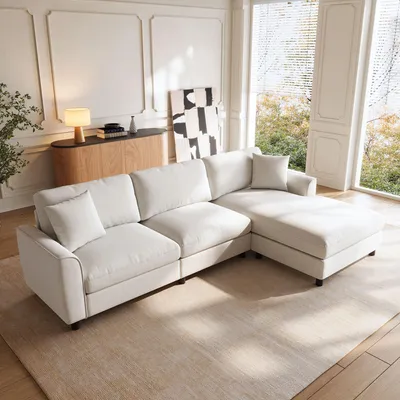 Produktbild von Merax Ecksofa, 3-Sitzer Wolken Sofa mit verstellbarer Ottomane, 90 cm Liegefläche, Chenille, modulare Couch, Wohnzimmer Soffa, Beige