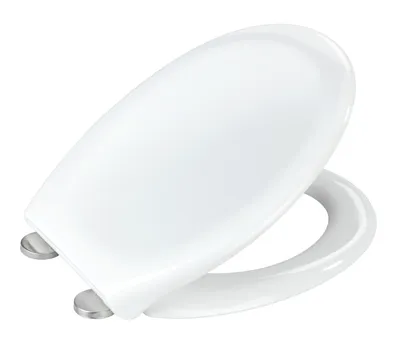 A white toilet seat with silver hinges, shown from a slightly elevated diagonal angle against a white background.