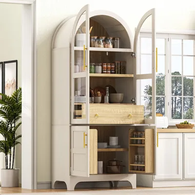 Immagine prodotto di Mobiletto da cucina MODFU con vetro smerigliato, armadietto contenitore dal design curvo, vetrina con cassetto e spazio contenitivo, mobiletto alto da buffet, bianco, 76x40x180 cm