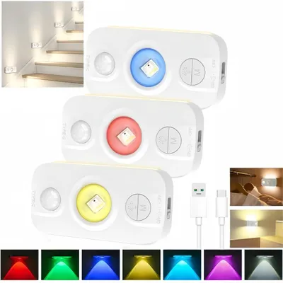 Produktbild von 3er-Pack LED-Nachtlicht mit Bewegungssensor, 3 Modi, 7 Farben, magnetisch, geeignet für Küche, Flur, Schlafzimmer, Unterbettlicht und Wandleuchte