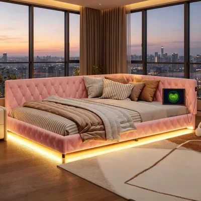 Produktbild von INONEFT Polsterbett 140x200cm mit LED und USB-Ladegerät, Schlafsofa Tagesbett,Bettrahmen mit Lattenrost,Jugendbett Doppelbett mit Samt-Kopfteil, Rosa