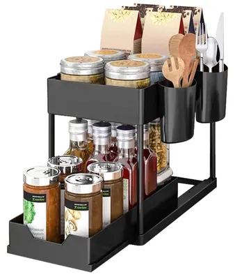 Immagine prodotto di Organizzatore per mobiletto sottolavello - Organizzatore da cucina a 2 livelli - Cassetti estraibili - Impermeabile - Plastica ABS - Nero