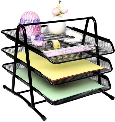 Immagine prodotto di Portadocumenti metallico Unyqoos® a 3 scomparti, verniciato a polvere nero – organizer impilabile A4, dimensioni 34,5 x 30 x 27 cm, 2,5 kg per scomparto