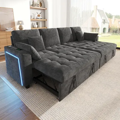Zdjęcie produktu dla Sofa narożne Merax w kształcie litery L, 4-osobowe, z funkcją spania, rozkładane, z oświetleniem LED, portem USB typu C, regulowanymi oparciami, obite tkaniną typu chenille, kolor szary