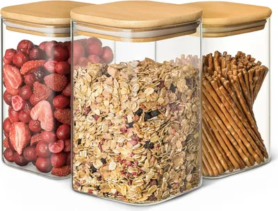 Immagine prodotto di Barattolo di vetro - Ermetico - Set di 3 pezzi - Coperchio di legno - 1 litro - Vetro borosilicato
