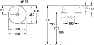 Technical drawing with dimensions of a round washbasin.