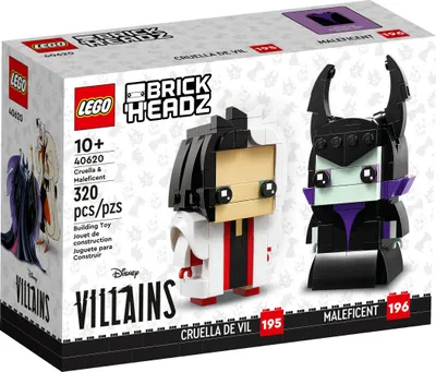 The image shows the packaging of a LEGO BrickHeadz set featuring Cruella de Vil and Maleficent.