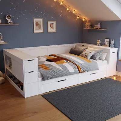 Produktbild von okwish Kinderbett 140x200 Multifunktionales Schlafsofas mit Regalen und Schubladen,Jugendbett mit Nachttisch und Stauraum,ohne Matratze,weiß