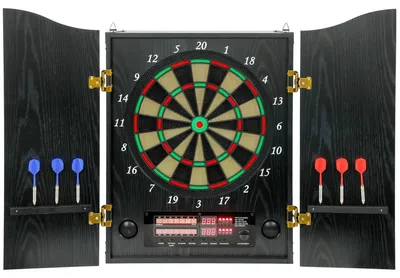 Produktbild von Elektronische Dartscheibe - Wanddartboard - 6 Softtip Pfeile - 2 LED-Displays mit Sprache - 25 Spiele 202 Variationen - Holztüren - Schwarz