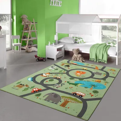 Produktbild von Kinderteppich rutschfest Safari mit Tieren Straßenteppich grün Größe - 200 x 290 cm