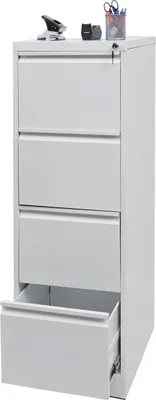 A white filing cabinet with one drawer open, placed on a white background. Office supplies are on top of the cabinet.
