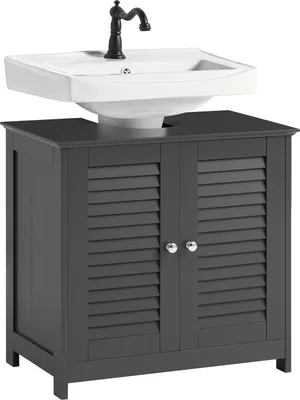 A bathroom vanity cabinet with a sink and faucet.