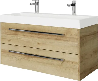 Produktbild von Pelipal Badmöbel-Set Milano BxHxT 100 x 56,9 x 45 cm Frontfarbe eiche riviera mit Mineralguss-Waschtisch weiß SET-138-03