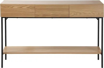 Zdjęcie produktu dla Konsola TESSA 3-szufladowa z 1 półką, wykończenie z drewna i metalu, szerokość 120 cm