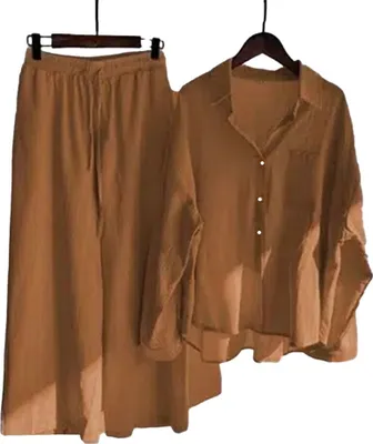 Obrázek produktu pro ASKSA Dámský kalhotový kostým mušelínová halenka Dvoudílné letní tričko s dlouhým rukávem Kalhoty s širokou nohavicí Loungewear, tmavě hnědá, vel: M