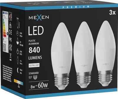 Produktbild von Mexen Nova 3x LED-Lampe E27, C37, 8W, Neutral - 4000K, 840 lm - L102-E27-0840-01x03
