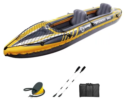 Produktbild von Aufblasbares Kajak für 2 Personen - Zweisitzer-Kajak - Tragkraft 180 kg - PVC-Rumpf - Mit Paddeln und Pumpe - Aufblasbare Sitze - Tragetasche - Gelb/Grau