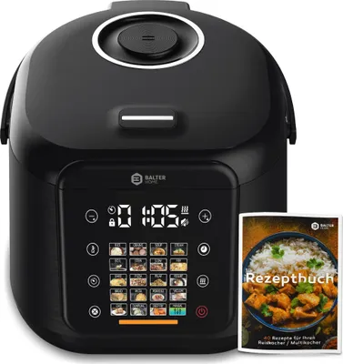 Produktbild von Balter Reiskocher, Multikocher, 4L mit 20 Programmen & Warmhaltefunktion, Dampfgarer, Touch-Bedienfeld, Fuzzy Logic, Premium-Topf, Klein, Schwarz